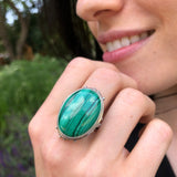 Large Malachite Ring, Natural Malachite, Artisan Ring, Vintage Ring, Green Antique Ring, Statement Ring, Large Oval Ring, Solid Silver Ring