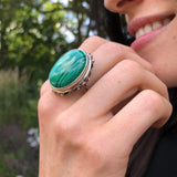 Large Malachite Ring, Natural Malachite, Artisan Ring, Vintage Ring, Green Antique Ring, Statement Ring, Large Oval Ring, Solid Silver Ring