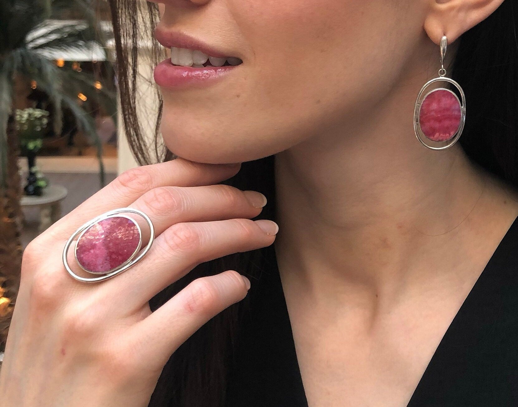 Rhodochrosite Ring, Large Pink Ring, Flat Stone Ring, Solid Stone Ring, Pink Statement Ring, Solid Silver Ring, Natural Rhodochrosite