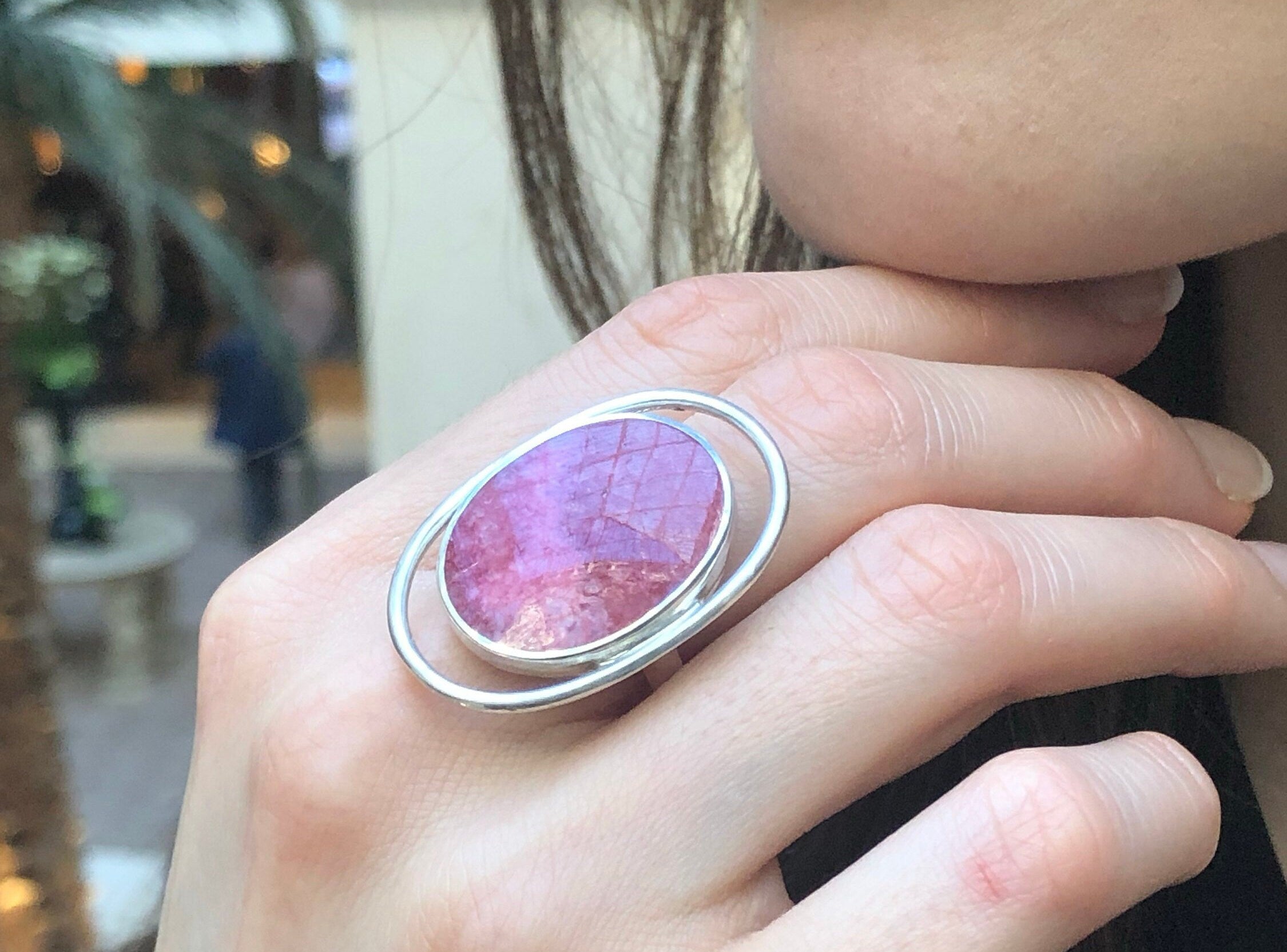 Rhodochrosite Ring, Large Pink Ring, Flat Stone Ring, Solid Stone Ring, Pink Statement Ring, Solid Silver Ring, Natural Rhodochrosite