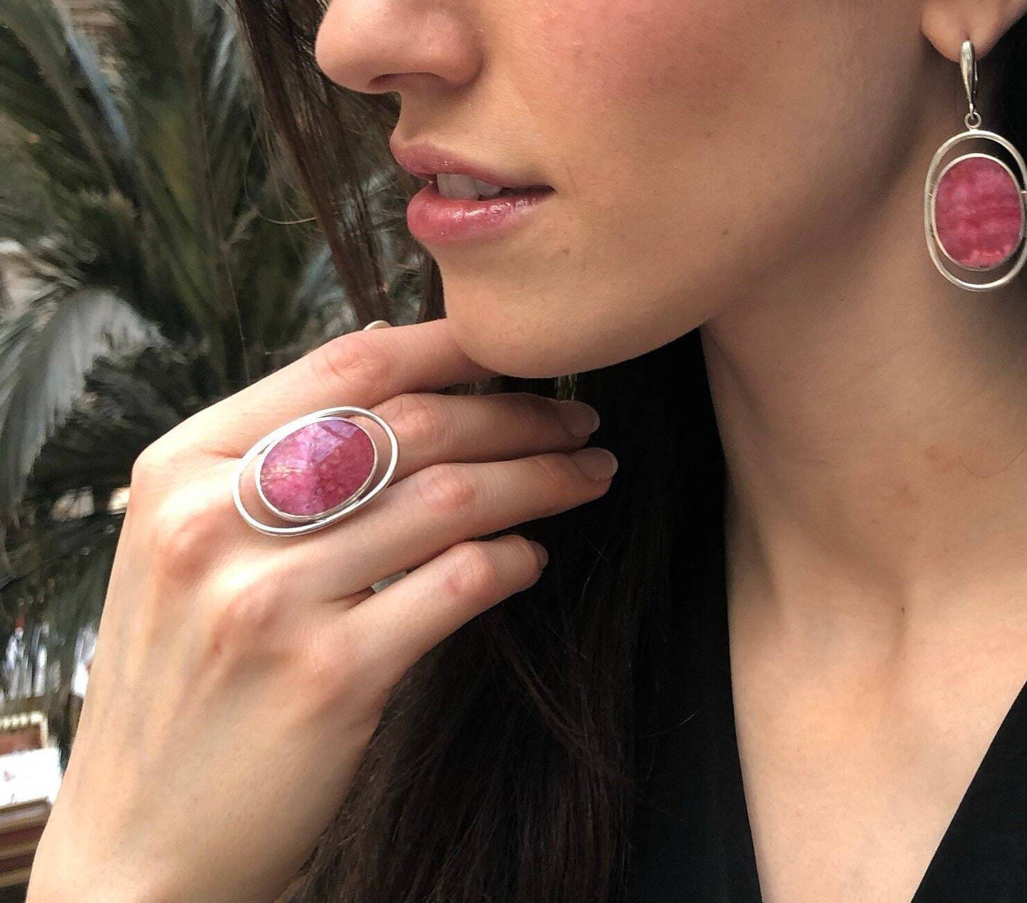 Rhodochrosite Ring, Large Pink Ring, Flat Stone Ring, Solid Stone Ring, Pink Statement Ring, Solid Silver Ring, Natural Rhodochrosite