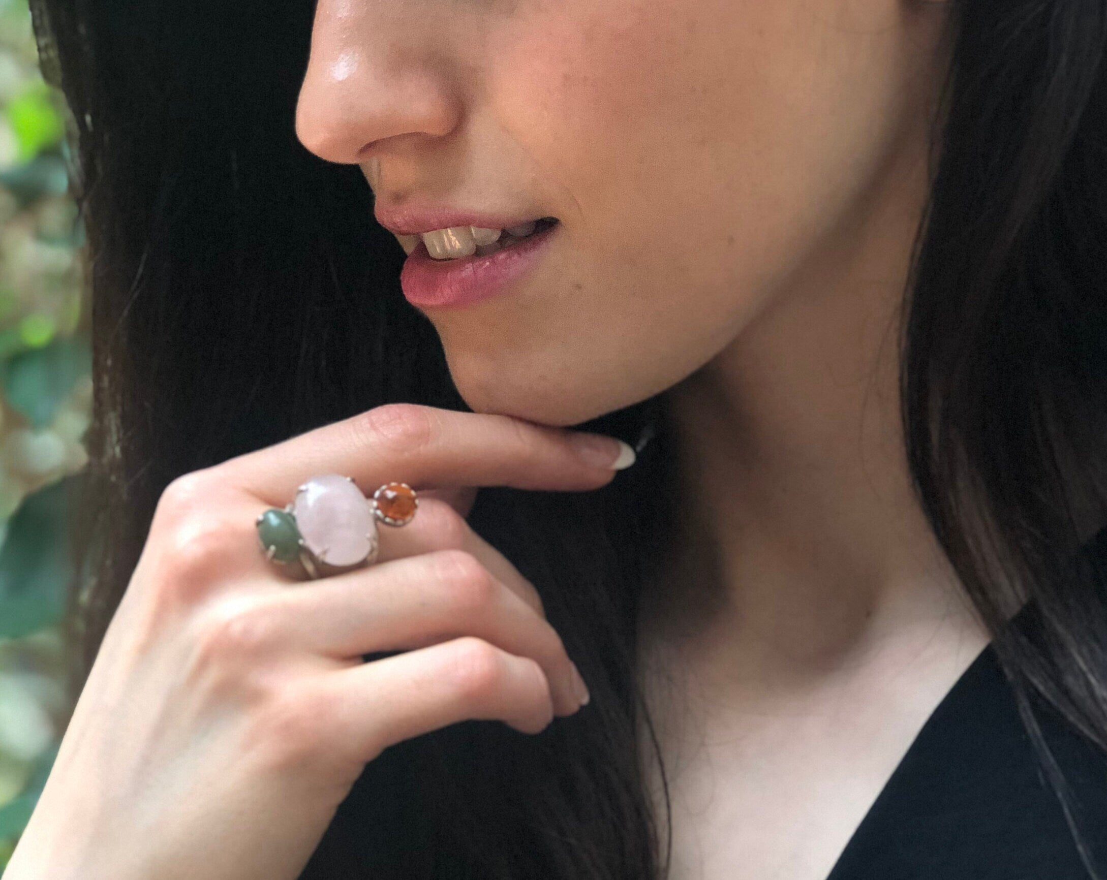 Long Ring, Statement Ring, Rose Quartz, Multistone Ring, January Birthstone, Artisan Ring, Heavy Ring, Solid Silver Ring, Amber, Nephrite