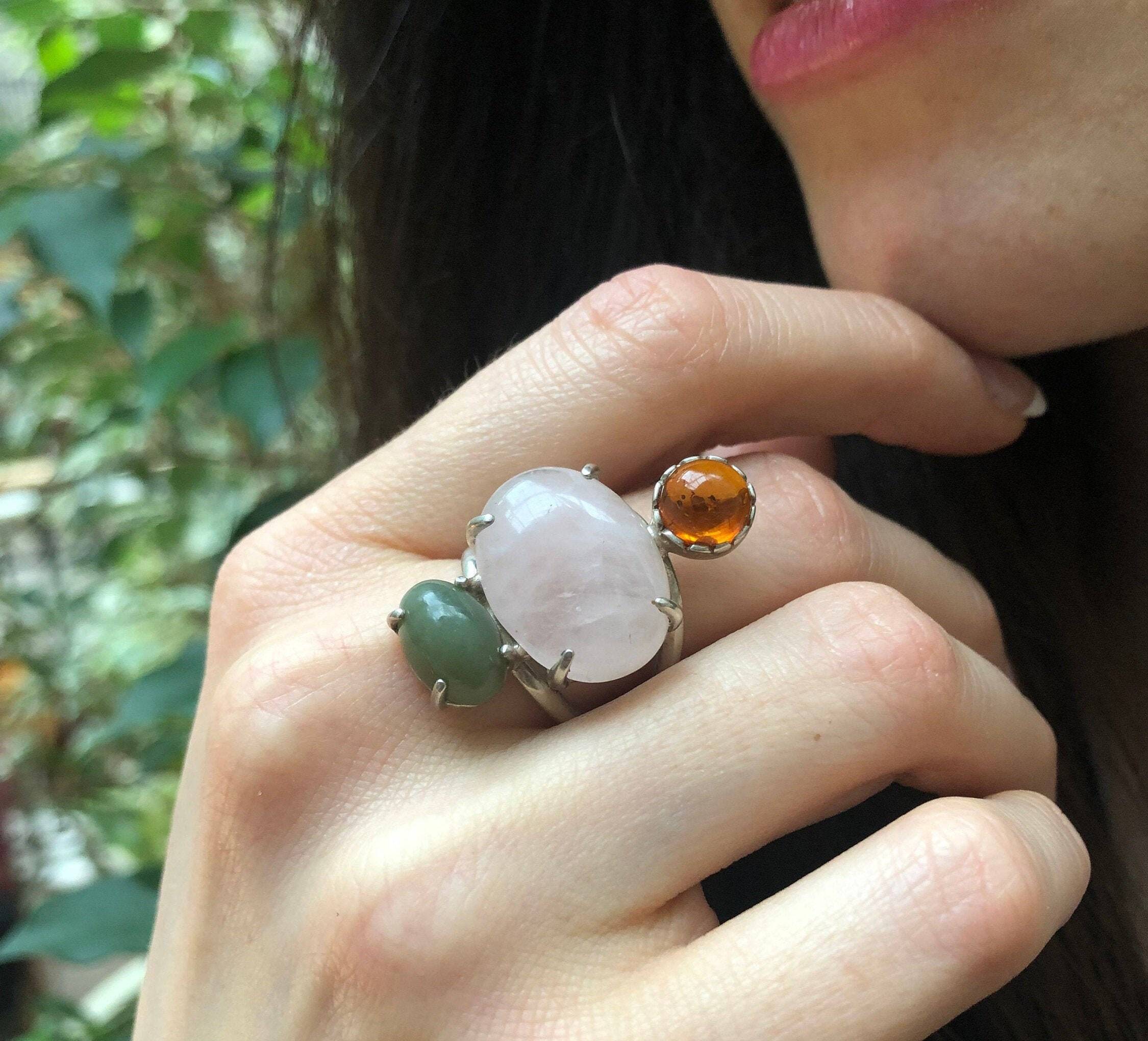 Long Ring, Statement Ring, Rose Quartz, Multistone Ring, January Birthstone, Artisan Ring, Heavy Ring, Solid Silver Ring, Amber, Nephrite