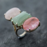 Statement Ring, Rose Quartz Ring, Aventurine Ring, Cherry Quartz Ring, 3 Stone Ring, January Birthstone, May birthstone, Unique Stone Ring