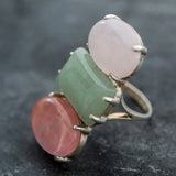 Statement Ring, Rose Quartz Ring, Aventurine Ring, Cherry Quartz Ring, 3 Stone Ring, January Birthstone, May birthstone, Unique Stone Ring