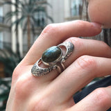 Labradorite Ring, Natural Labradorite, Long Tribal Ring, Oval Ring, Black Ring, Statement Ring, Vintage Ring, Tribal Ring, Solid Silver Ring