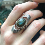 Labradorite Ring, Natural Labradorite, Long Tribal Ring, Oval Ring, Black Ring, Statement Ring, Vintage Ring, Tribal Ring, Solid Silver Ring
