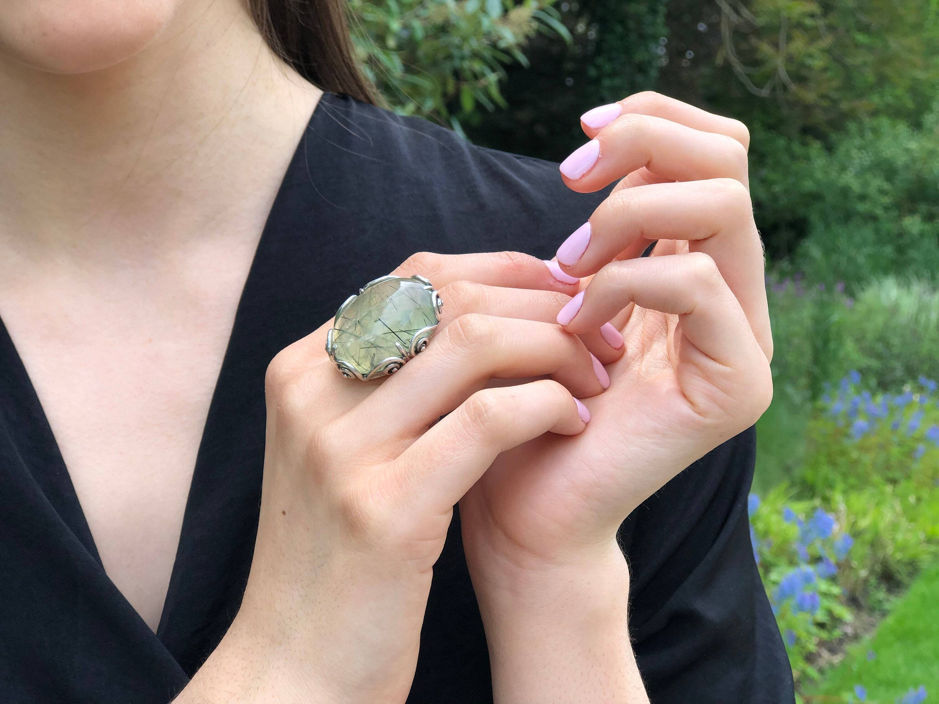Prehnite Ring, Natural Prehnite, May Birthstone, Leaf Ring, Statement Ring, Massive Ring, Heavy Ring, Big Green Ring, Solid Silver Ring