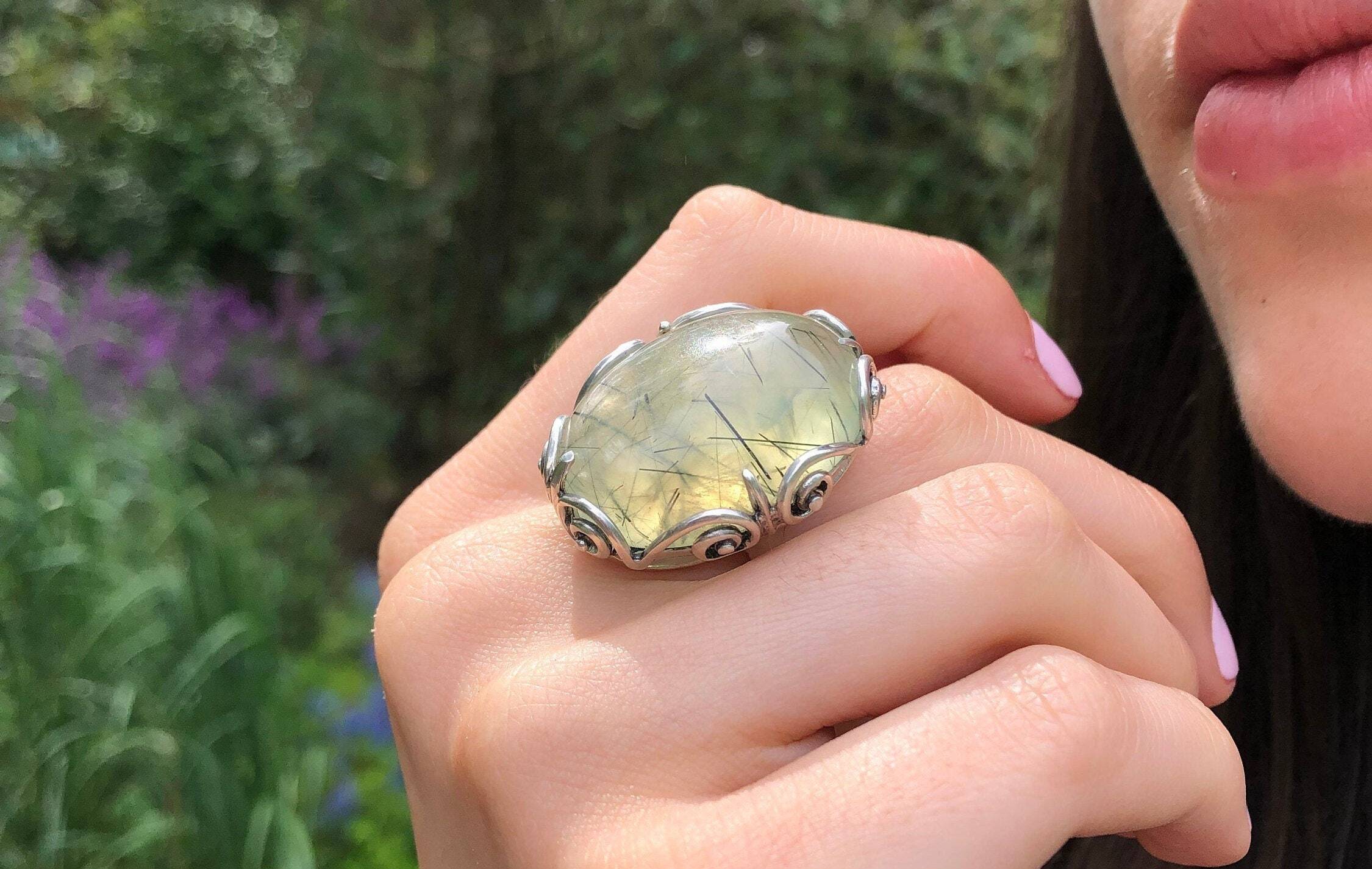 Prehnite Ring, Natural Prehnite, May Birthstone, Leaf Ring, Statement Ring, Massive Ring, Heavy Ring, Big Green Ring, Solid Silver Ring
