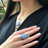 Long Ring, Blue Lace Agate Ring, Symbolic Ring, Shield Ring, Tribal Ring, Lilac Ring, Vintage Ring, Artistic Silver Ring, Solid Silver Ring