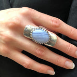 Long Ring, Blue Lace Agate Ring, Symbolic Ring, Shield Ring, Tribal Ring, Lilac Ring, Vintage Ring, Artistic Silver Ring, Solid Silver Ring