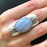 Long Ring, Blue Lace Agate Ring, Symbolic Ring, Shield Ring, Tribal Ring, Lilac Ring, Vintage Ring, Artistic Silver Ring, Solid Silver Ring