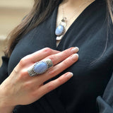 Long Ring, Blue Lace Agate Ring, Symbolic Ring, Shield Ring, Tribal Ring, Lilac Ring, Vintage Ring, Artistic Silver Ring, Solid Silver Ring