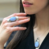 Long Ring, Blue Lace Agate Ring, Symbolic Ring, Shield Ring, Tribal Ring, Lilac Ring, Vintage Ring, Artistic Silver Ring, Solid Silver Ring