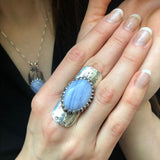 Long Ring, Blue Lace Agate Ring, Symbolic Ring, Shield Ring, Tribal Ring, Lilac Ring, Vintage Ring, Artistic Silver Ring, Solid Silver Ring