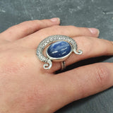 Crescent Ring, Natural Kyanite Ring, Statement Ring, Tribal Ring, Large Blue Ring, Blue Vintage Ring, Blue Crescent Ring, Solid Silver Ring