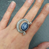 Crescent Ring, Natural Kyanite Ring, Statement Ring, Tribal Ring, Large Blue Ring, Blue Vintage Ring, Blue Crescent Ring, Solid Silver Ring