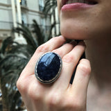 Large Sodalite Ring, Natural Sodalite, Statement Ring, Vintage Ring, Heavy Ring, Large Oval Ring, Dark Blue Ring, Artisan Ring, Silver Ring