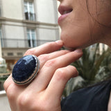 Large Sodalite Ring, Natural Sodalite, Statement Ring, Vintage Ring, Heavy Ring, Large Oval Ring, Dark Blue Ring, Artisan Ring, Silver Ring
