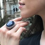 Large Sodalite Ring, Natural Sodalite, Statement Ring, Vintage Ring, Heavy Ring, Large Oval Ring, Dark Blue Ring, Artisan Ring, Silver Ring