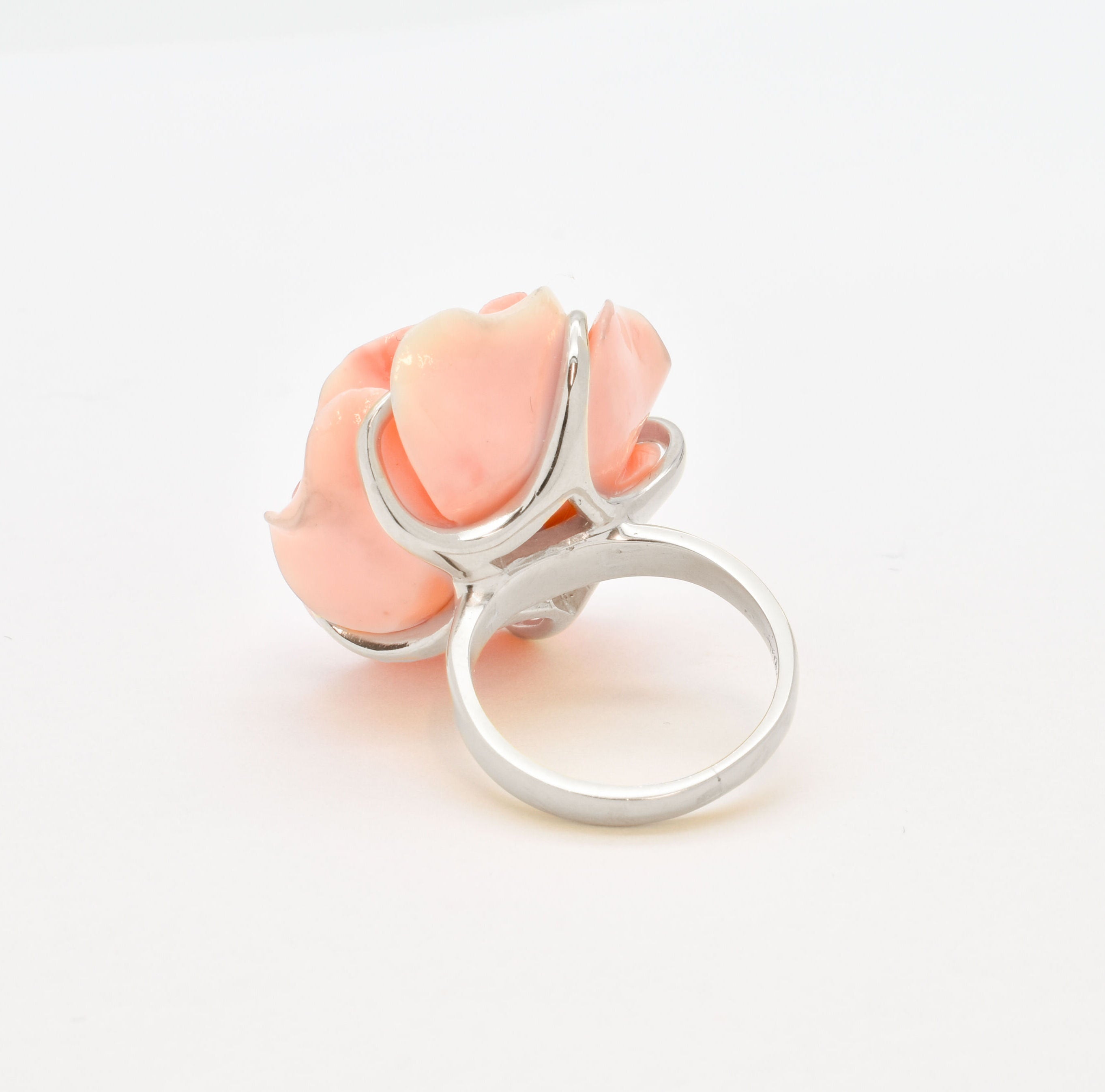 Large Rose Ring, Created Coral, Statement Ring, Flower Ring, Romantic Ring, Carved Ring, Large Pink Ring, Angel Skin Ring, Solid Silver Ring