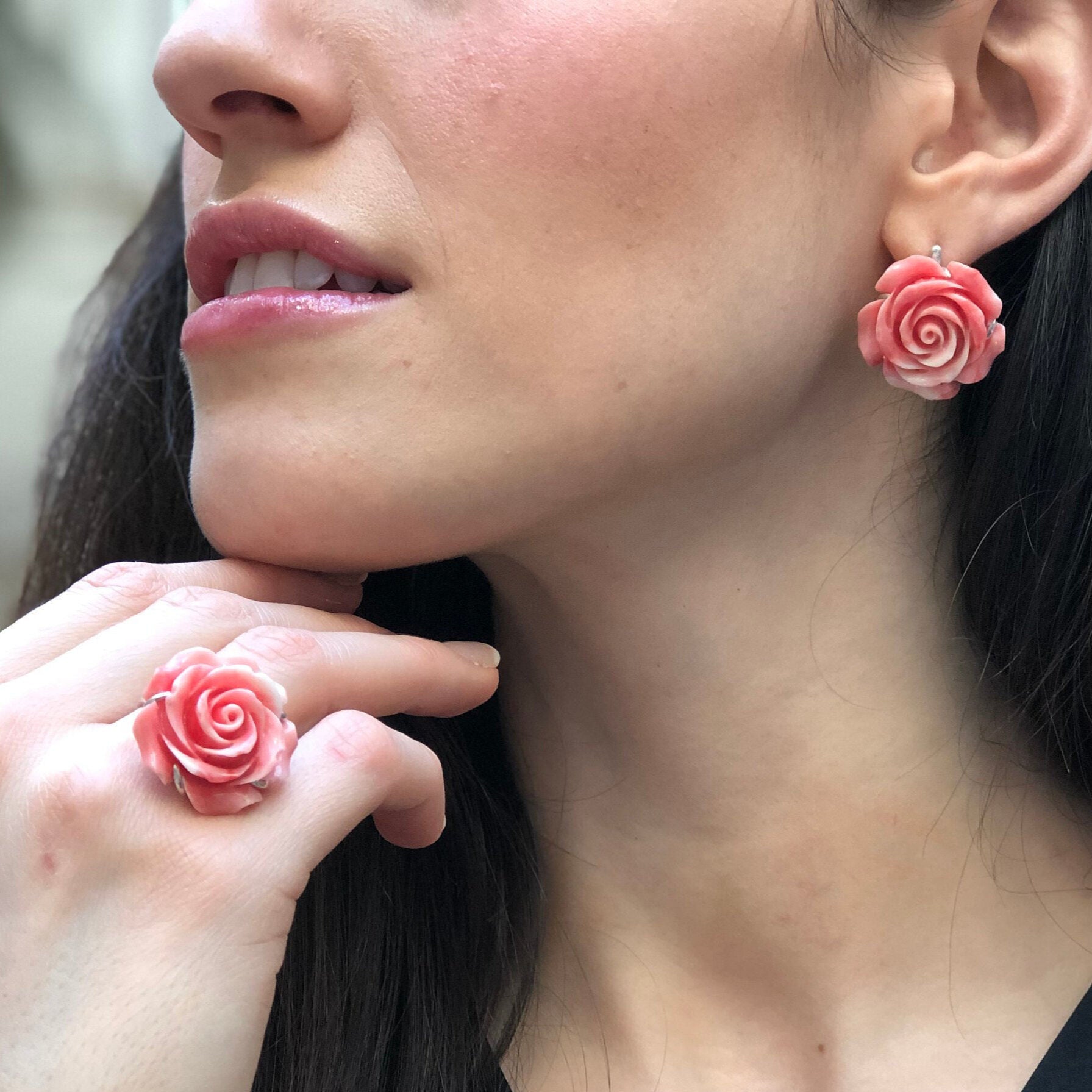 Large Rose Ring, Created Coral, Statement Ring, Flower Ring, Romantic Ring, Carved Ring, Large Pink Ring, Angel Skin Ring, Solid Silver Ring