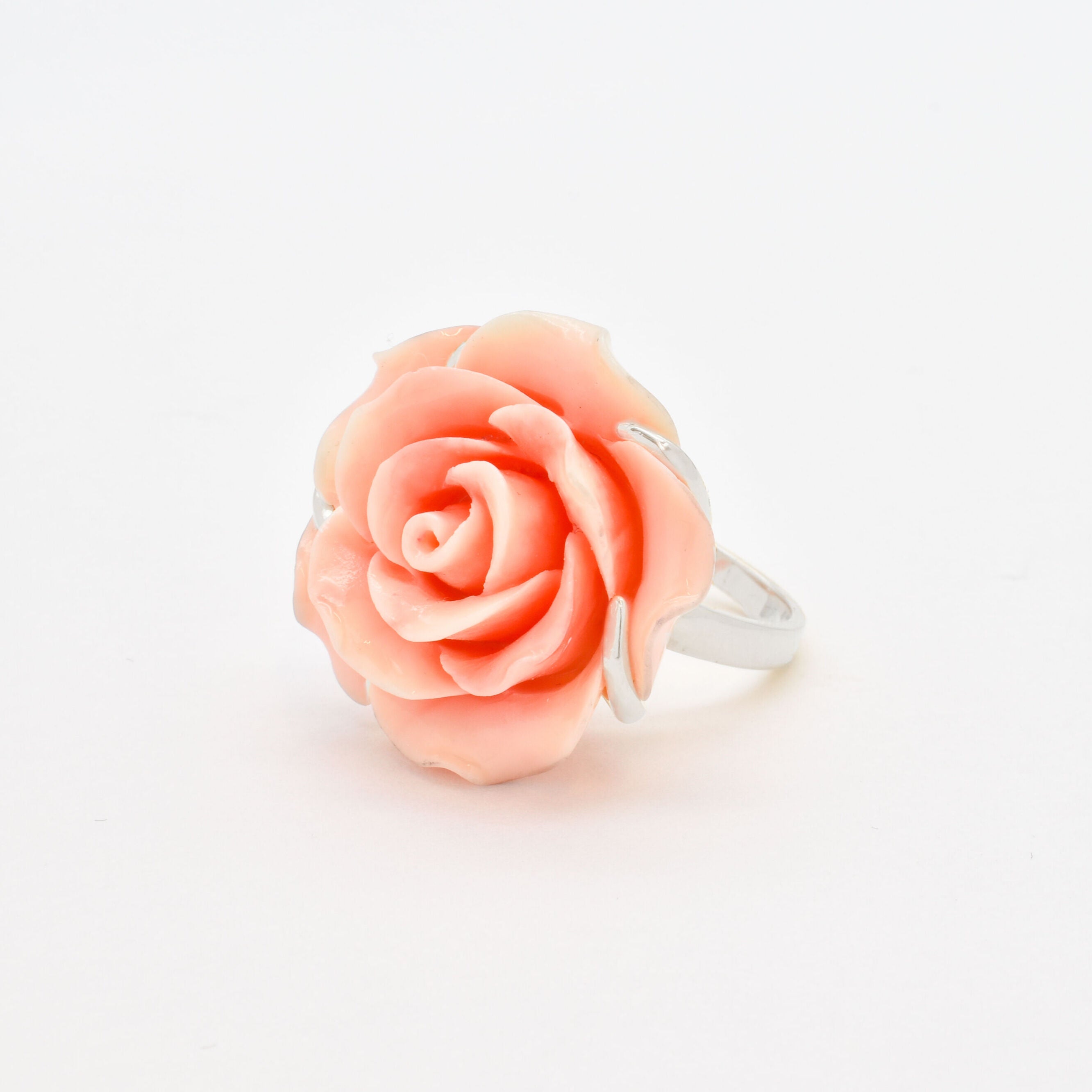 Large Rose Ring, Created Coral, Statement Ring, Flower Ring, Romantic Ring, Carved Ring, Large Pink Ring, Angel Skin Ring, Solid Silver Ring