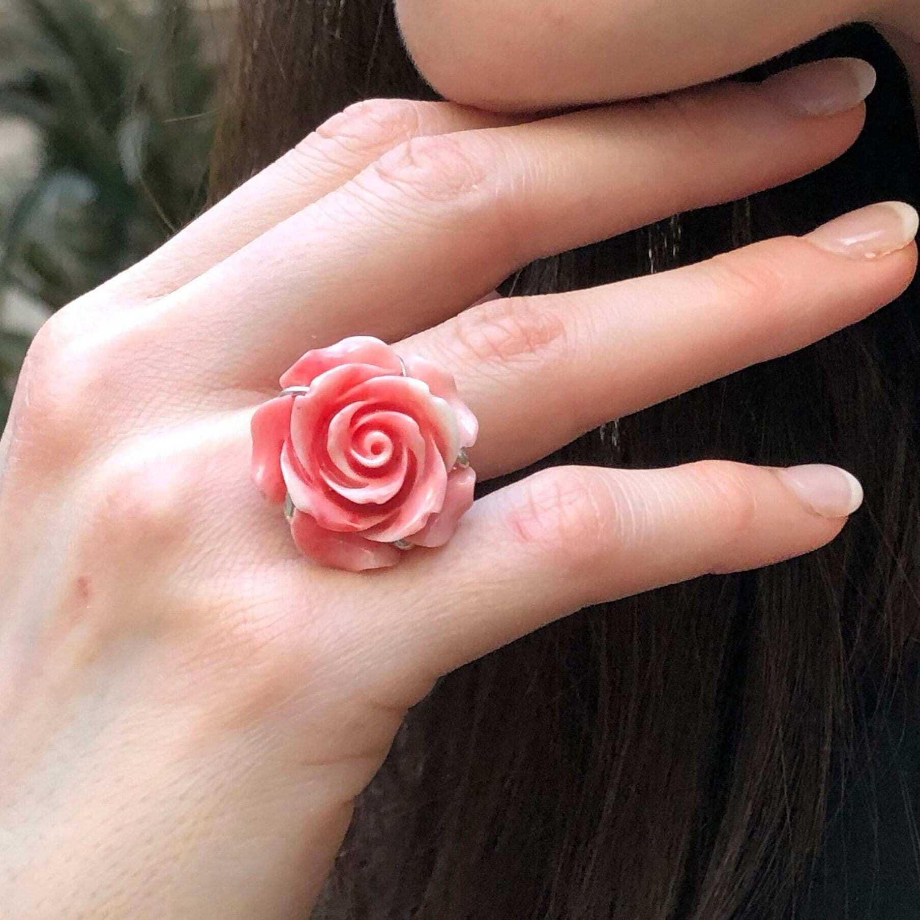 Large Rose Ring, Created Coral, Statement Ring, Flower Ring, Romantic Ring, Carved Ring, Large Pink Ring, Angel Skin Ring, Solid Silver Ring