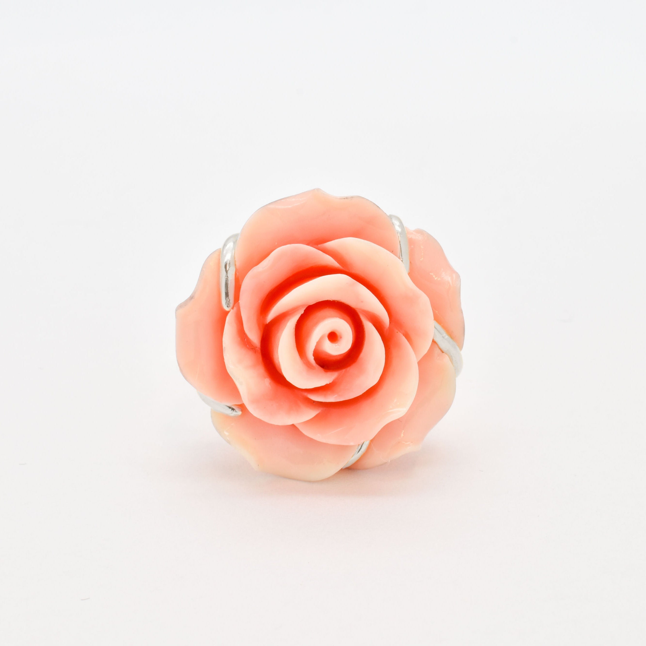 Large Rose Ring, Created Coral, Statement Ring, Flower Ring, Romantic Ring, Carved Ring, Large Pink Ring, Angel Skin Ring, Solid Silver Ring