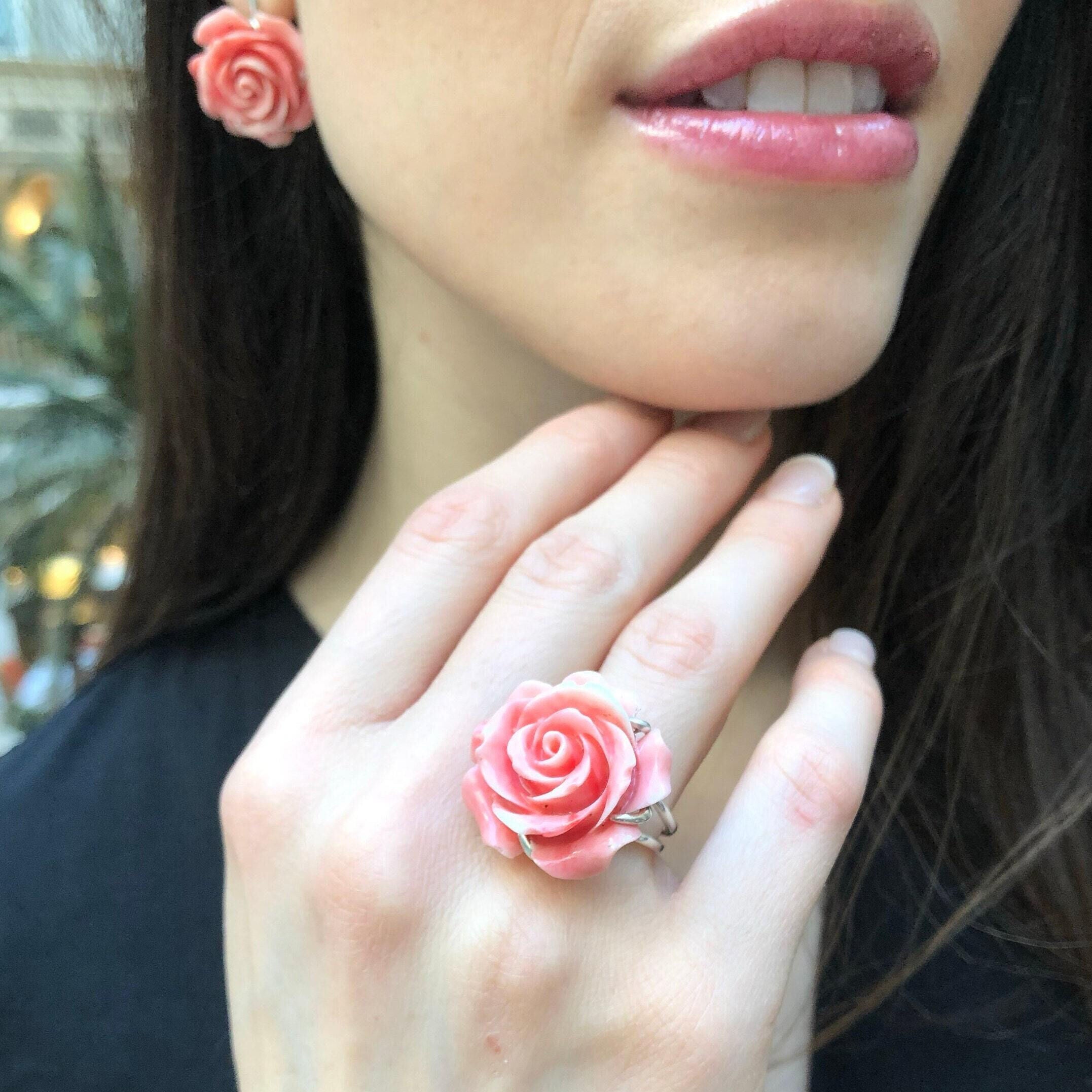 Large Rose Ring, Created Coral, Statement Ring, Flower Ring, Romantic Ring, Carved Ring, Large Pink Ring, Angel Skin Ring, Solid Silver Ring