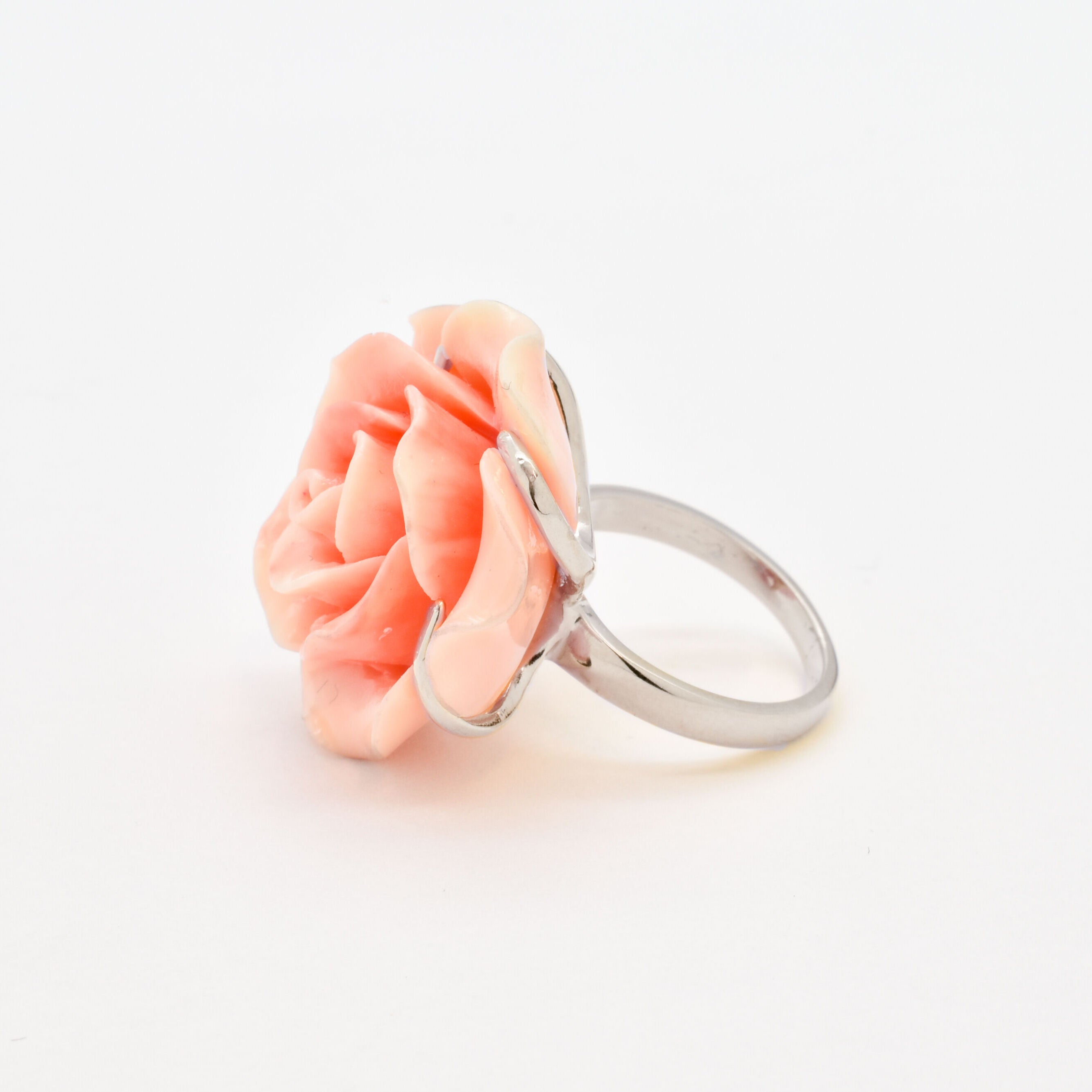 Large Rose Ring, Created Coral, Statement Ring, Flower Ring, Romantic Ring, Carved Ring, Large Pink Ring, Angel Skin Ring, Solid Silver Ring