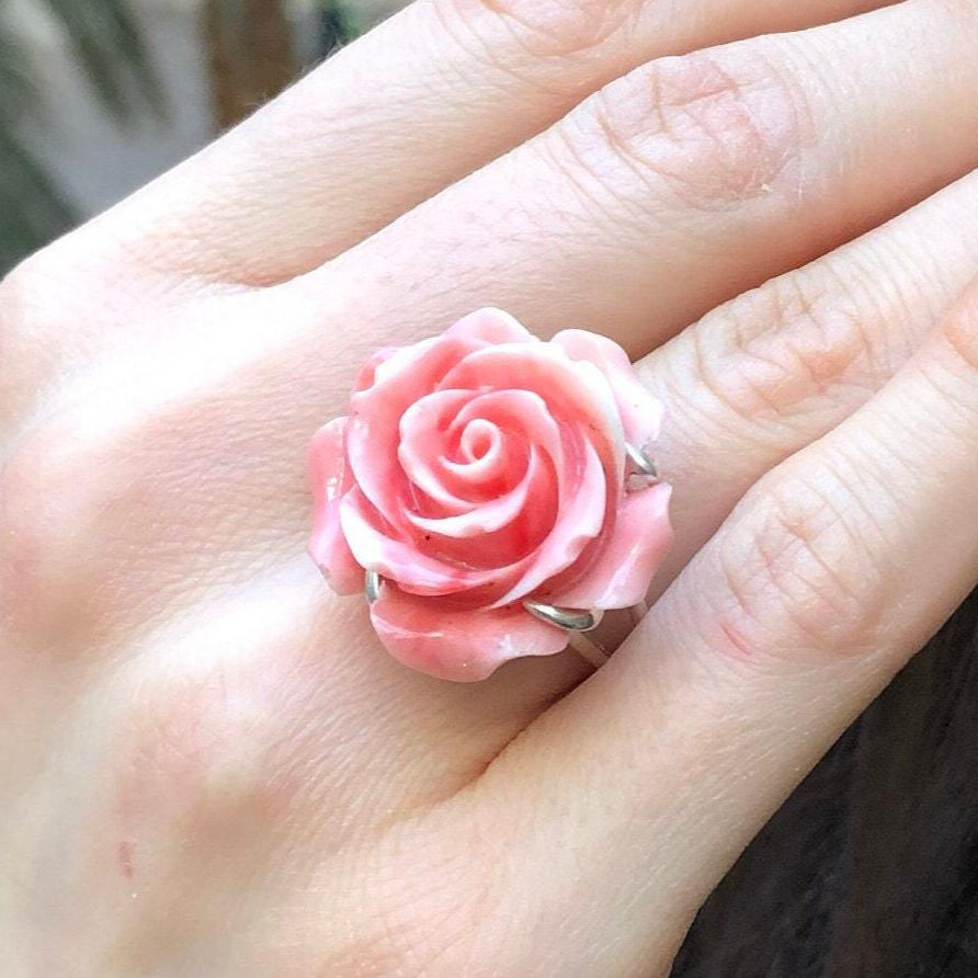 Large Rose Ring, Created Coral, Statement Ring, Flower Ring, Romantic Ring, Carved Ring, Large Pink Ring, Angel Skin Ring, Solid Silver Ring