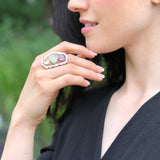 Three Stone Statement Ring, Multistone Silver Ring, Large Boho Ring, Amethyst Ring, Citrine Ring, Prehnite Ring, Colorful Ring, For Her