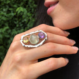 Three Stone Statement Ring, Multistone Silver Ring, Large Boho Ring, Amethyst Ring, Citrine Ring, Prehnite Ring, Colorful Ring, For Her
