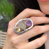 Three Stone Statement Ring, Multistone Silver Ring, Large Boho Ring, Amethyst Ring, Citrine Ring, Prehnite Ring, Colorful Ring, For Her