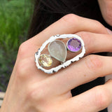 Three Stone Statement Ring, Multistone Silver Ring, Large Boho Ring, Amethyst Ring, Citrine Ring, Prehnite Ring, Colorful Ring, For Her