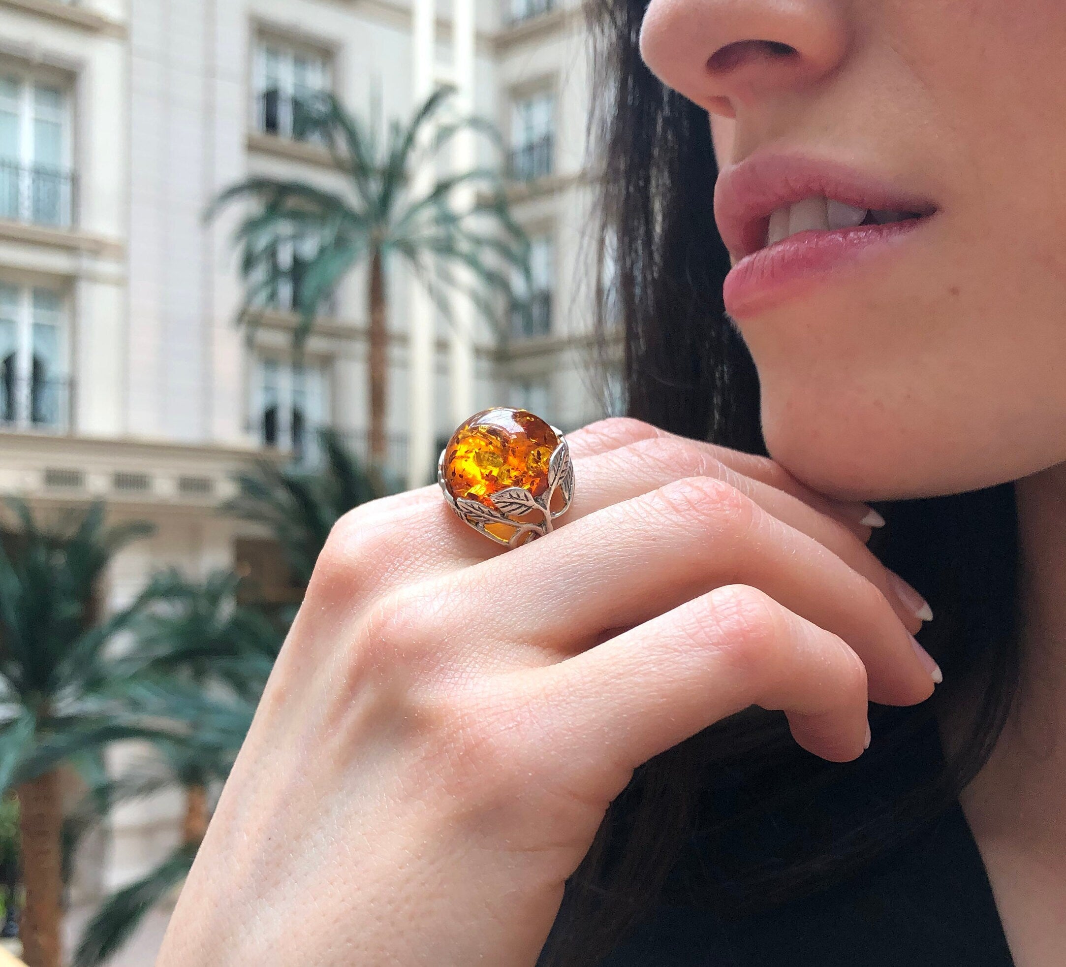 Amber Ring, Natural Amber, Brown Amber Ring, Taurus Birthstone, Silver Leaf Ring, Statement Round Ring, Vintage Amber Ring, 925 Silver Ring