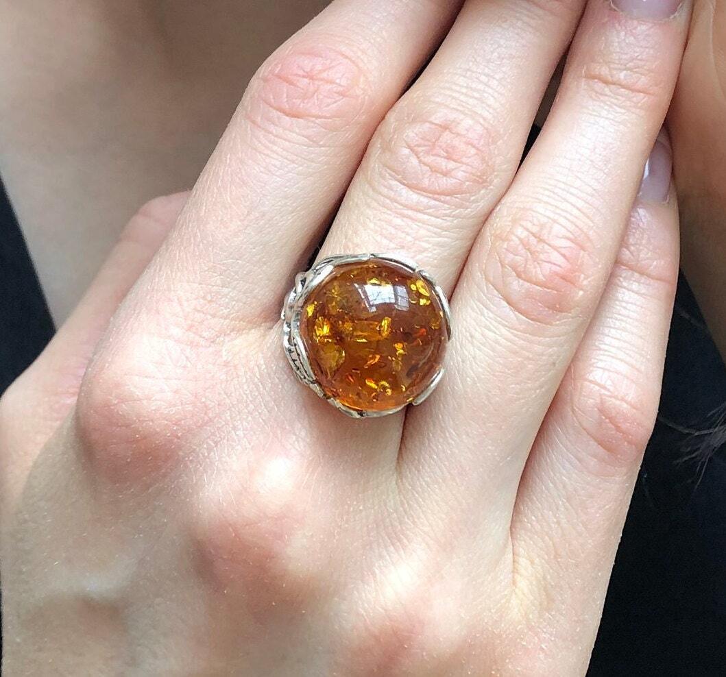 Amber Ring, Natural Amber, Brown Amber Ring, Taurus Birthstone, Silver Leaf Ring, Statement Round Ring, Vintage Amber Ring, 925 Silver Ring