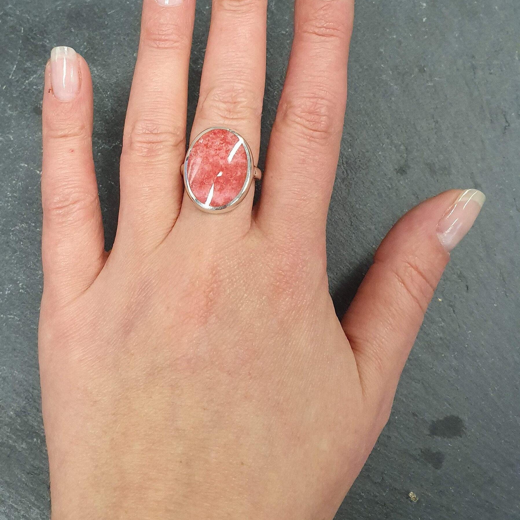 Rhodochrosite Ring, Flat Stone Ring, Statement Ring, Large Oval Ring, Pink Oval Ring, Vintage Ring, Large Pink Ring, Sterling Silver Ring