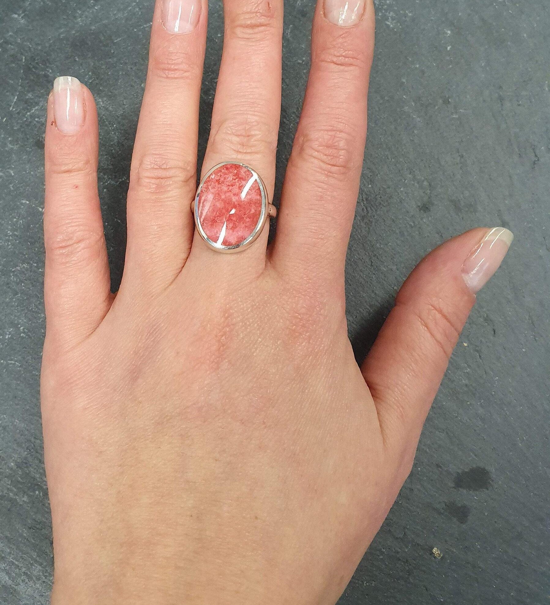 Rhodochrosite Ring, Flat Stone Ring, Statement Ring, Large Oval Ring, Pink Oval Ring, Vintage Ring, Large Pink Ring, Sterling Silver Ring