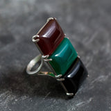 Statement Baguette Ring, Three Stone Ring, Carnelian Ring, Natural Onyx Ring, Long Baguetter Ring, Green Agate Ring, Solid Silver Ring