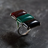 Statement Baguette Ring, Three Stone Ring, Carnelian Ring, Natural Onyx Ring, Long Baguetter Ring, Green Agate Ring, Solid Silver Ring