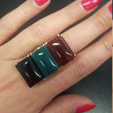 Statement Baguette Ring, Three Stone Ring, Carnelian Ring, Natural Onyx Ring, Long Baguetter Ring, Green Agate Ring, Solid Silver Ring