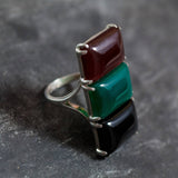 Statement Baguette Ring, Three Stone Ring, Carnelian Ring, Natural Onyx Ring, Long Baguetter Ring, Green Agate Ring, Solid Silver Ring