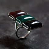 Statement Baguette Ring, Three Stone Ring, Carnelian Ring, Natural Onyx Ring, Long Baguetter Ring, Green Agate Ring, Solid Silver Ring