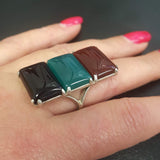 Statement Baguette Ring, Three Stone Ring, Carnelian Ring, Natural Onyx Ring, Long Baguetter Ring, Green Agate Ring, Solid Silver Ring