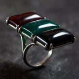 Statement Baguette Ring, Three Stone Ring, Carnelian Ring, Natural Onyx Ring, Long Baguetter Ring, Green Agate Ring, Solid Silver Ring