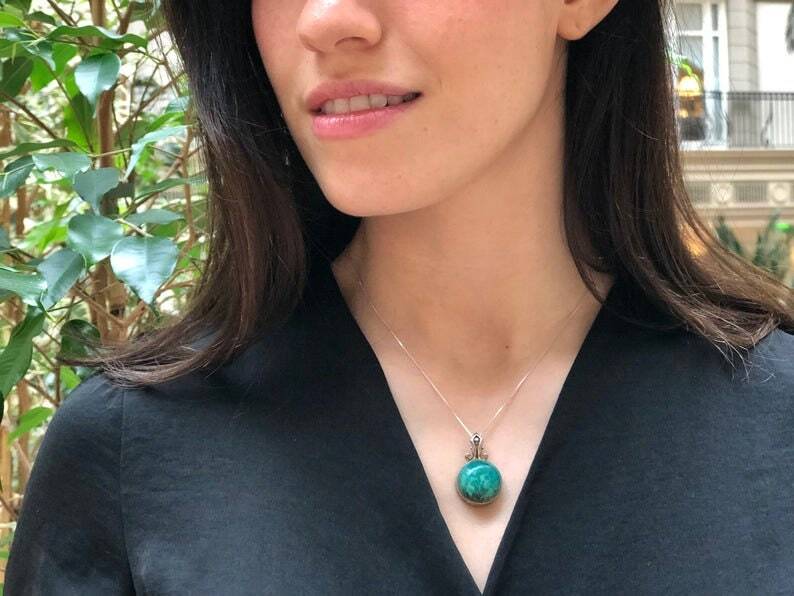 Malachite Necklace, Vintage Pendant, Natural Malachite, Round Green Pendant, Roman Necklace, Statement Necklace, Unique Necklace, 925 Silver