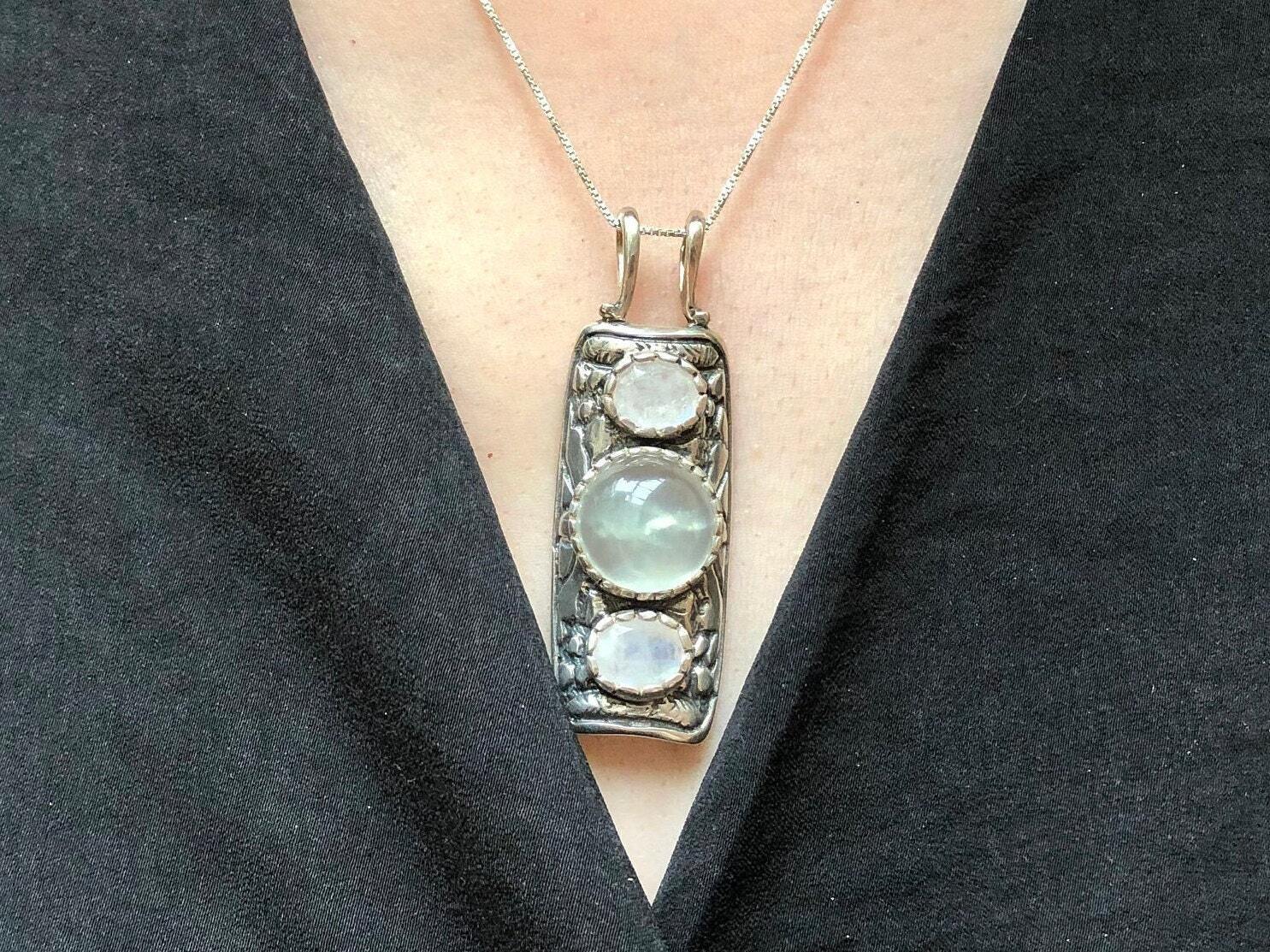 Tribal Pendant, Totem Pendant, Natural Moonstone, Natural Prehnite, Bohemian Necklace, Moonstone Necklace, Antique Pendant, 925 Solid Silver