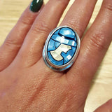 Mosaic Ring, Natural Shell Pearl, Lady Cameo Ring, Statement Bezel Ring, Blue Oval Ring, Silver Pearl Ring, Large Pearl Ring, Rare By Adina